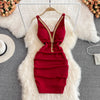 Fashion Bodycon Sexy V-neck Low Cut Mini Short Work Dress Women Backless Irregular Sleeveless Short Hip Wrap Vest Dress OL Red