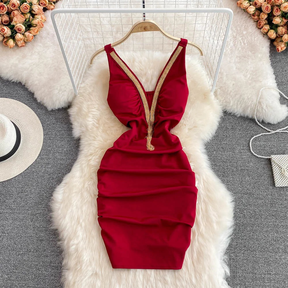 Fashion Bodycon Sexy V-neck Low Cut Mini Short Work Dress Women Backless Irregular Sleeveless Short Hip Wrap Vest Dress OL Red