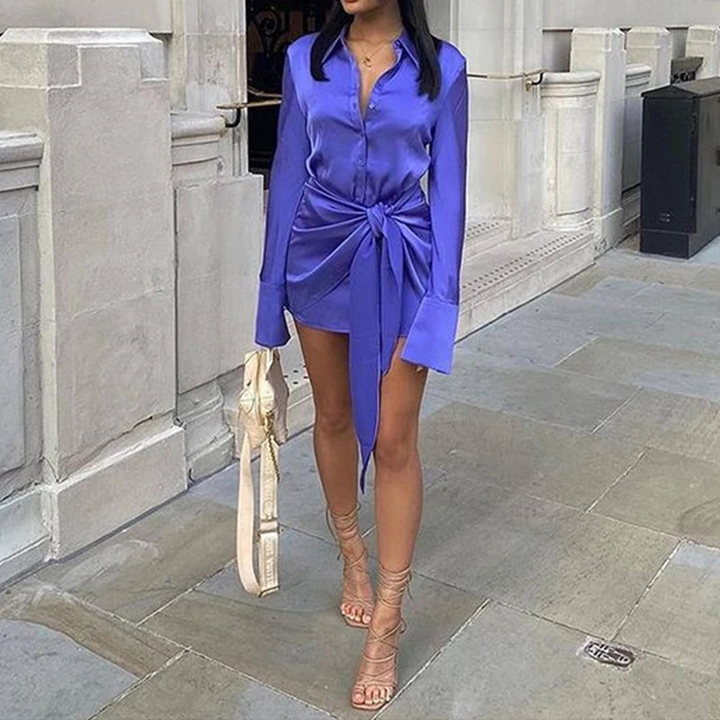 2023 Elastic Elegant Single Breasted Dress Retro Lapel Satin Tight-fitting High Waist Wrap Hips Ruched Short Dress Sexy Clubwear