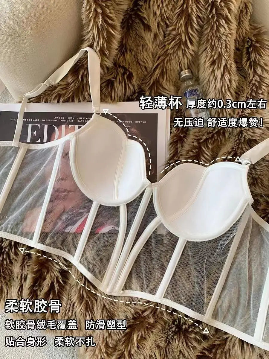 French Ladies Transparent Mesh Corset Sexy Shaper Thin Bra Set Night Club Sweet Cropped Top Girls Hot Bra and Panties Bralette