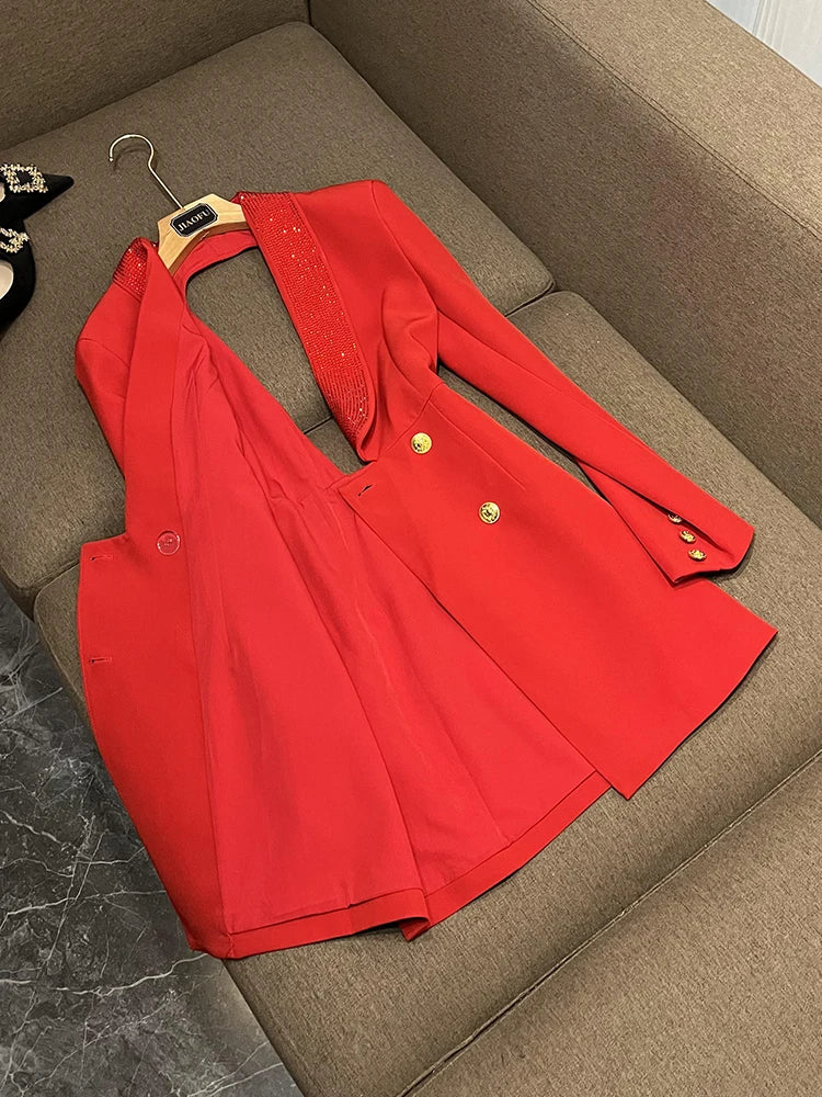 TWOTWINSTYLE Solider Blazer mit Aushöhlungen für Damen, Schalkragen, Langarm-Tunika, gespleißter Knopf, Temperament-Blazer Weiblich KJA501707