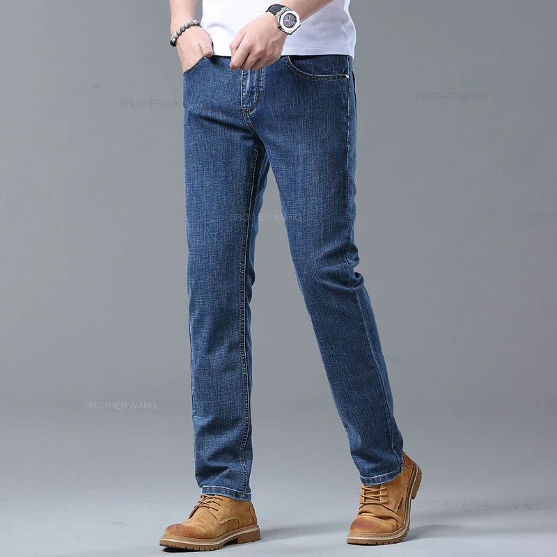 Frühlings Herren Hellblaue Slim Jeans Stylische Lässige Stretch Denim Hose Klassische Chinohose Rauchgrau