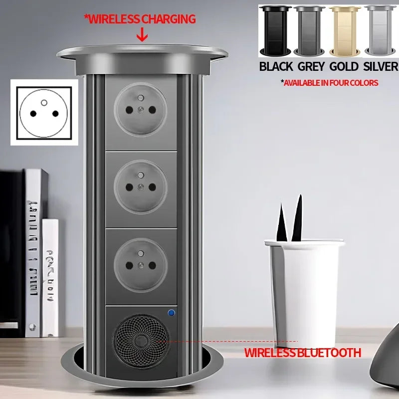 Motorized Lifting Pop Up Tower Power Outlet Hidden Mounted Kitchen Worktop USB Type C Socket with Speaker Wireless Charging