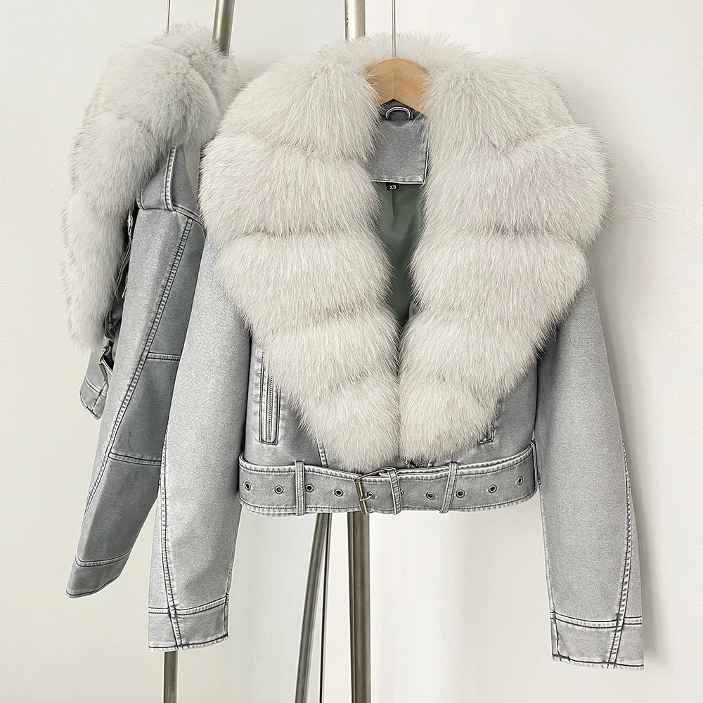 OFTBUY Natural Fox Fur Faux Leather Jacket Female New Autumn Short Top Clothing Women Long Sleeve Fake Leather Real Fur Coat