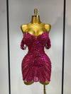 Women Sexy Sparkly Rhinestones Sequins Off The Shoulder Mesh Mini Dress Birthday Party Nightclub Dancer Stage PhotoShoot Costume