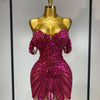 Women Sexy Sparkly Rhinestones Sequins Off The Shoulder Mesh Mini Dress Birthday Party Nightclub Dancer Stage PhotoShoot Costume