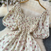 2024 Neues Sommer Blumenmuster Maxikleid Damen Vintage Eckiger Ausschnitt Geraffte Brust Schärpe Bandage Sommerkleid Partykleid