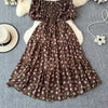 2024 Neues Sommer Blumenmuster Maxikleid Damen Vintage Eckiger Ausschnitt Geraffte Brust Schärpe Bandage Sommerkleid Partykleid