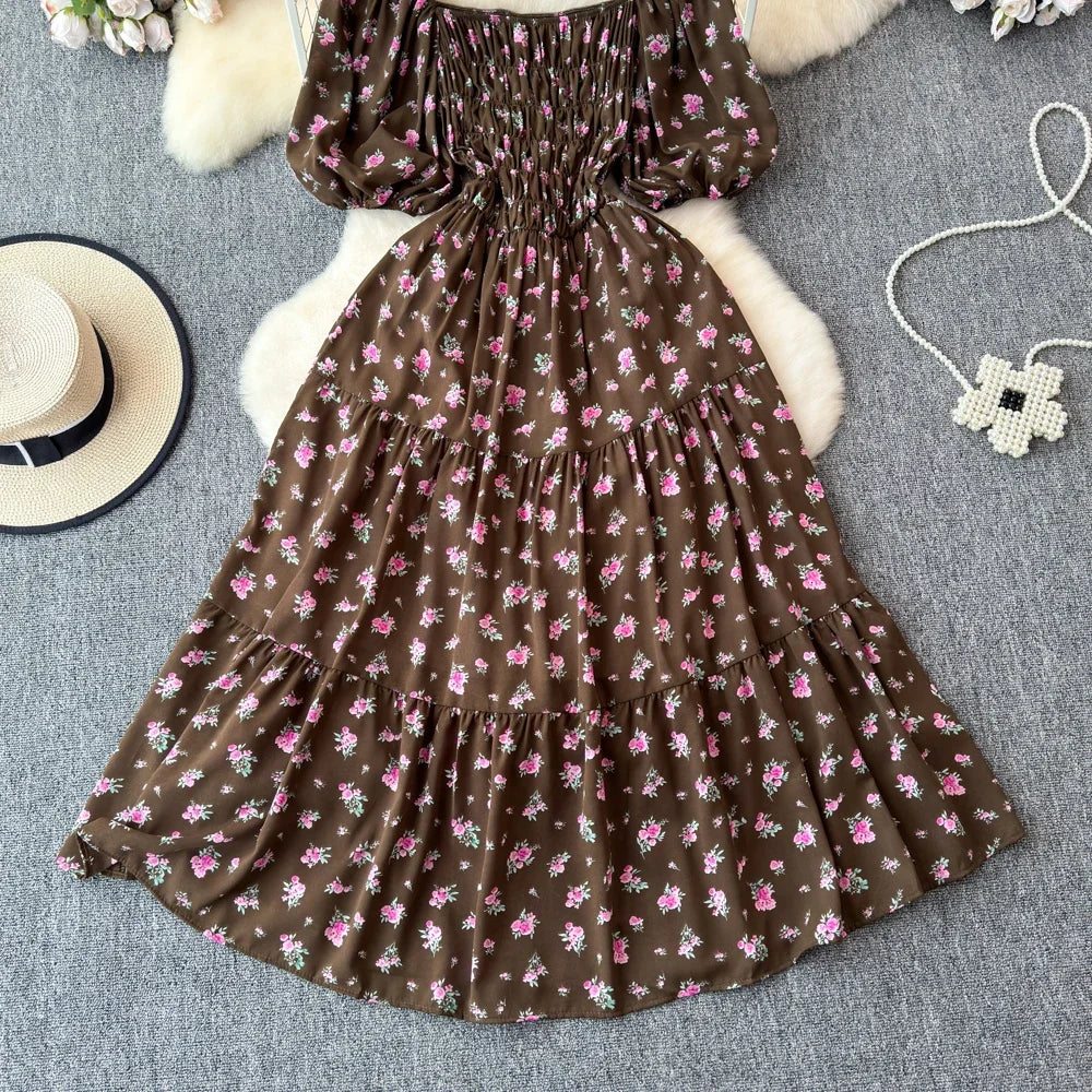2024 Neues Sommer Blumenmuster Maxikleid Damen Vintage Eckiger Ausschnitt Geraffte Brust Schärpe Bandage Sommerkleid Partykleid