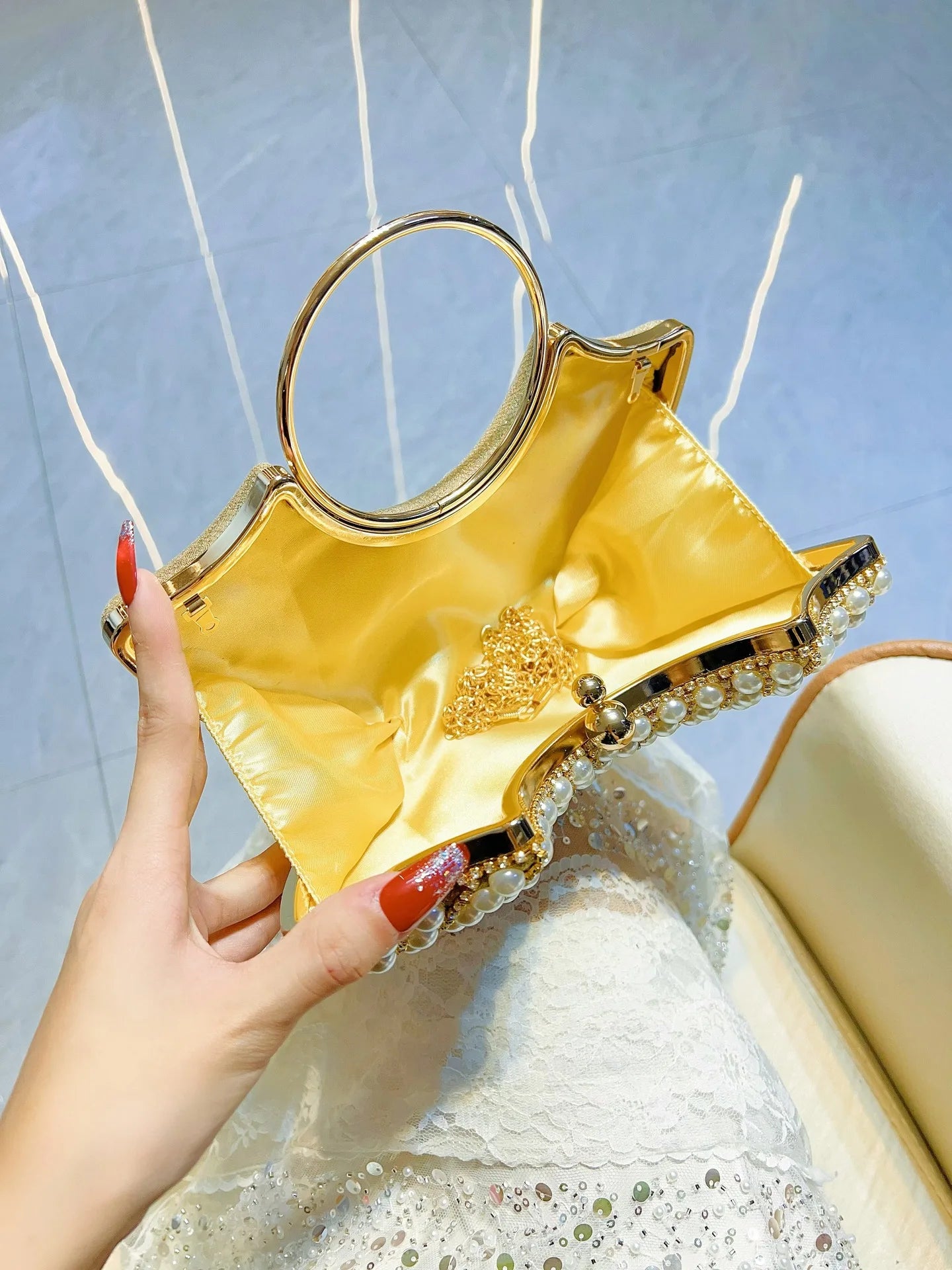 Luxuriöses Design Glitzernde Bankett-Clutch-Tasche Mode Perlmutt-Einlage Hochzeitshandtasche Damen Umhängetasche mit Kette Neue Clutch-Geldbörse