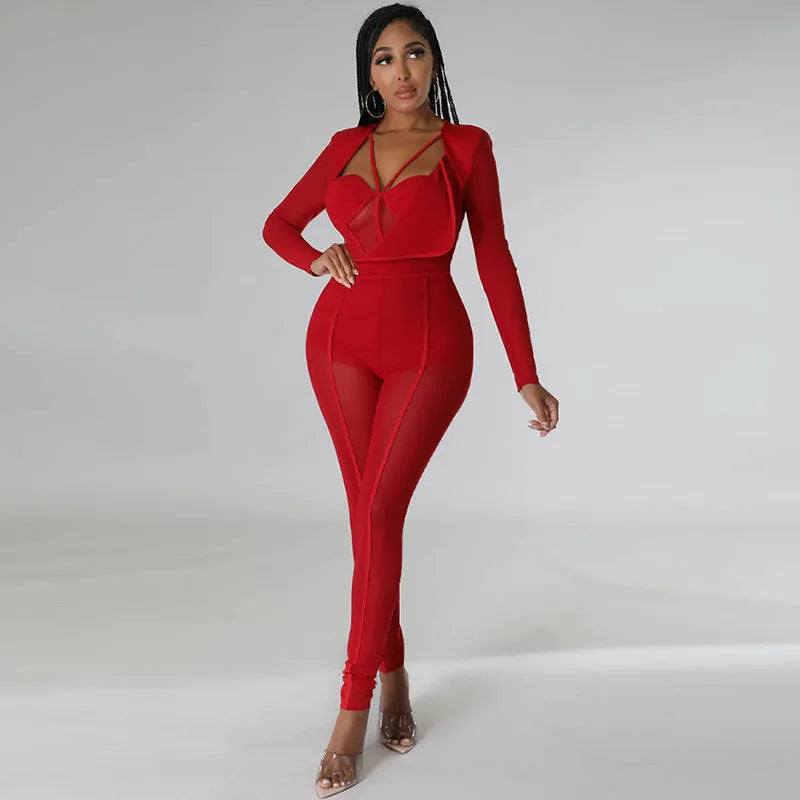 Sexy Mesh Patchwork Transparenter Club-Bodycon-Jumpsuit für Damen, durchsichtiger Einteiler-Overall, Clubwear, Party-, Geburtstagsoutfits