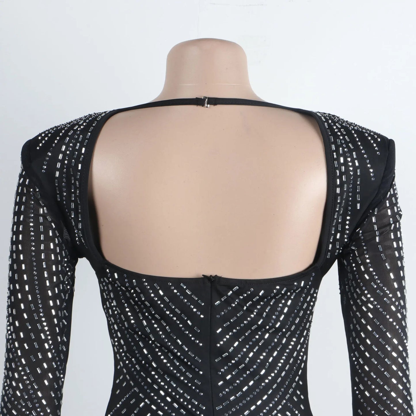 Damen sexy durchsichtiges Mesh-Strass-Dekor Langarm Skinny Partykleid