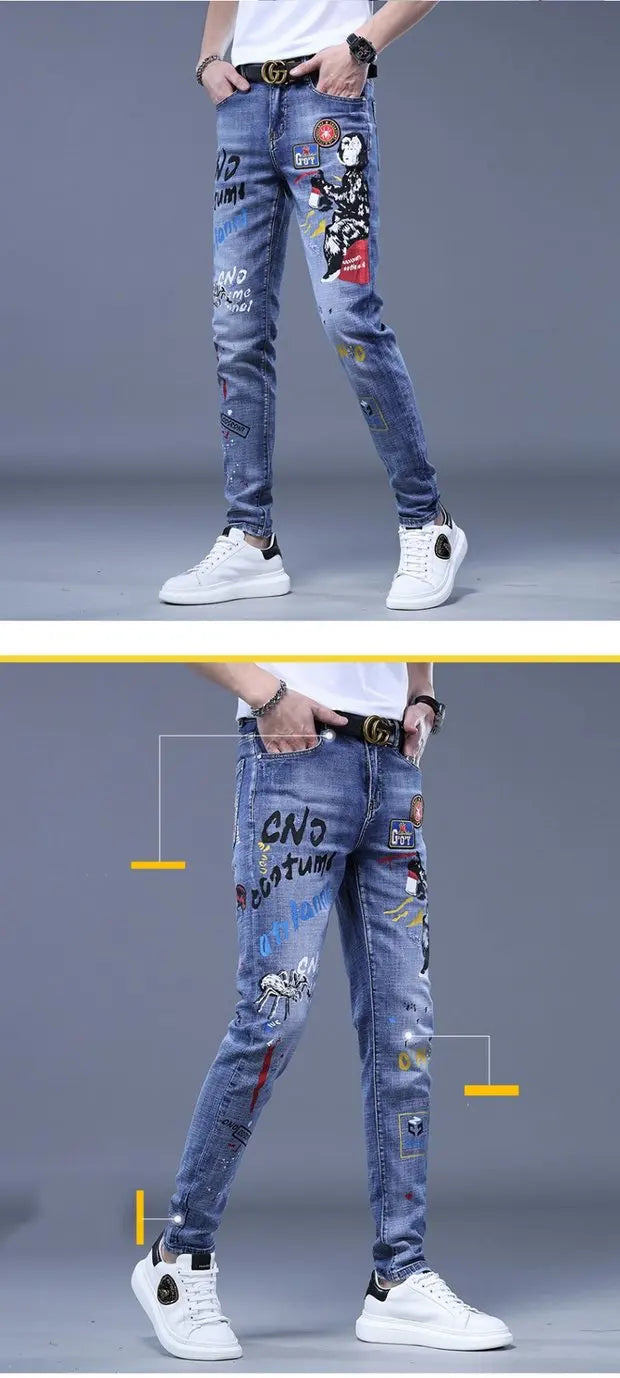 Fashion Printed Jeans Men's Korean Brand Embroidery Badge Pattern Youth Ripped Small Feet Teenagers Cowboy Pencil Pants