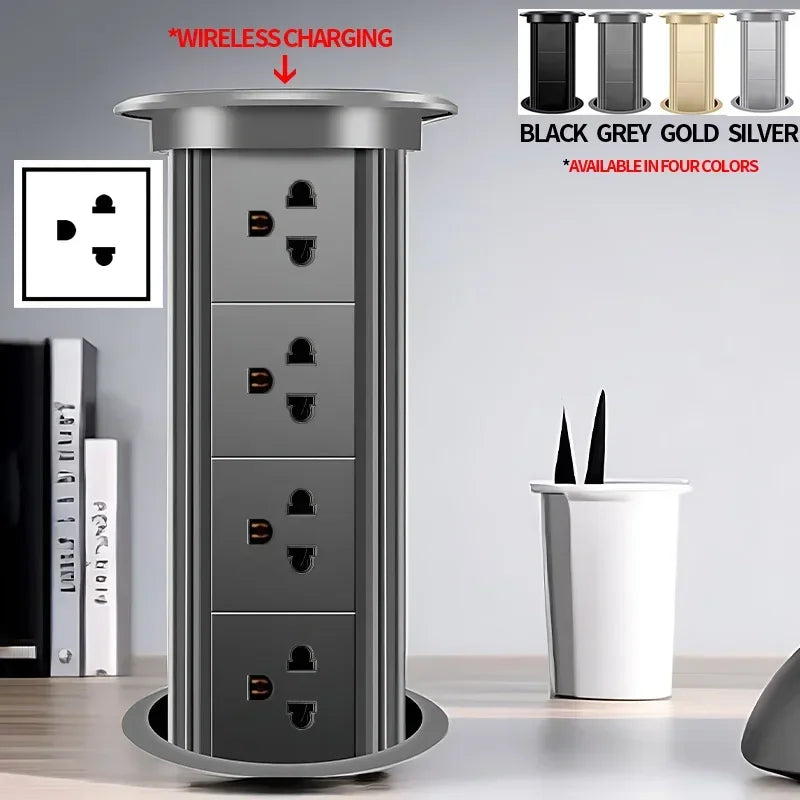 Motorized Lifting Pop Up Tower Power Outlet Hidden Mounted Kitchen Worktop USB Type C Socket with Speaker Wireless Charging