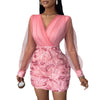 Women Fashion Dress Fashion Floral Pattern Sheer Mesh Patch Long Sleeve V-Neck Elegant Party Dress