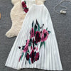 Two Pieces Women Dress Sets Solid Matching Sets V Neck Printing Top High Waist Pleat Dress Loose Fit Casual 2025 Autumn Winter