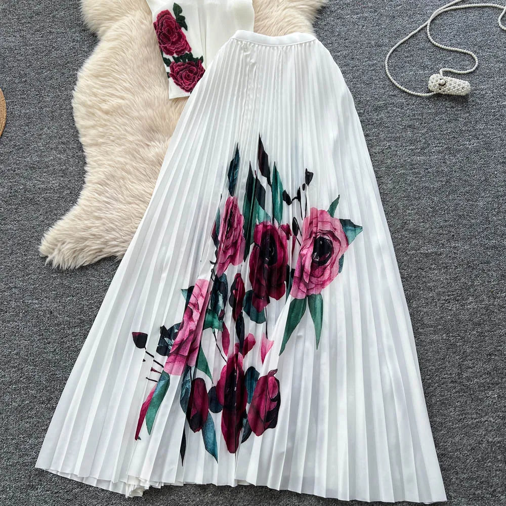 Two Pieces Women Dress Sets Solid Matching Sets V Neck Printing Top High Waist Pleat Dress Loose Fit Casual 2025 Autumn Winter