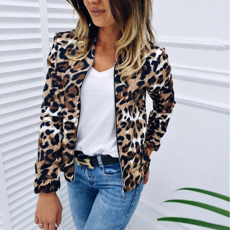 Women's Hot Style Baseball Uniform Fashion Leopard Print Loose Collar Zipper Cardigan Jacket Ladies Sport Jacket Tops Clothes