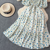 2024 Neues Sommer Blumenmuster Maxikleid Damen Vintage Eckiger Ausschnitt Geraffte Brust Schärpe Bandage Sommerkleid Partykleid
