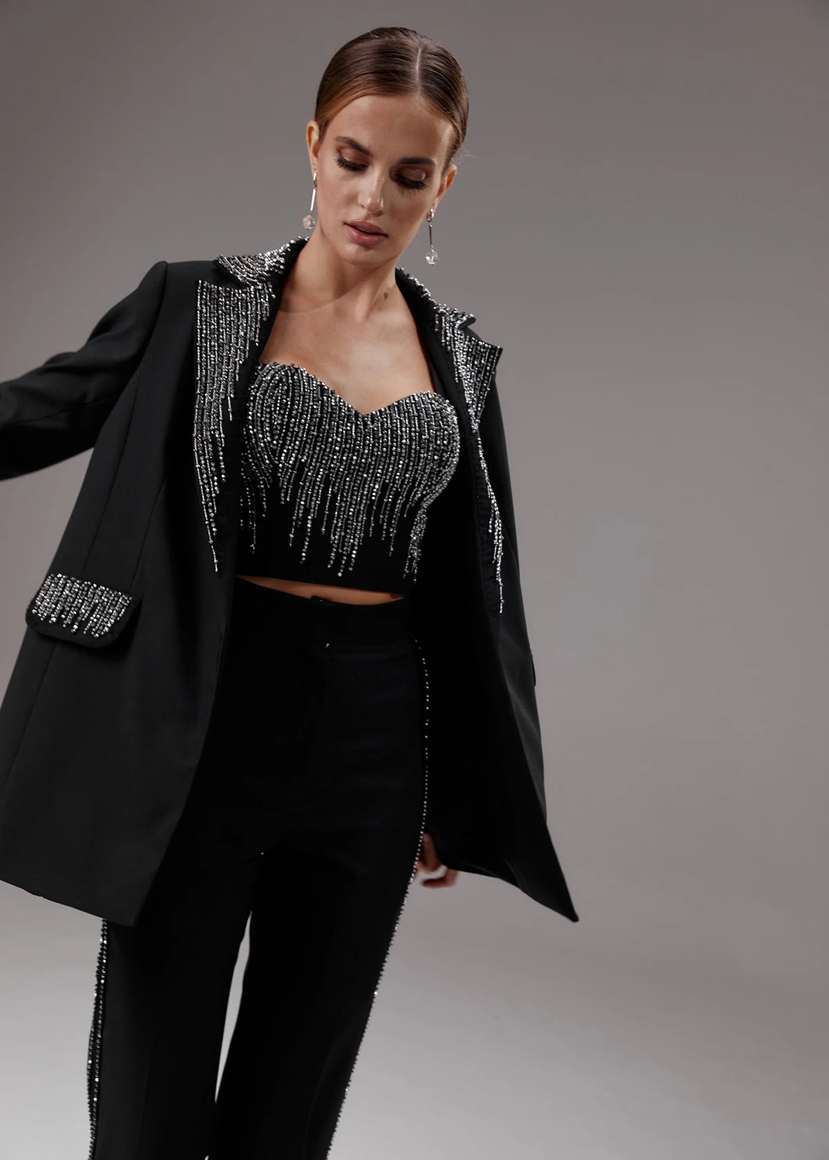 Customize Black Sequins Women Pants Suits Slim Fit Girls Blazer Set 3 Pieces Custom Made Jacket For Lady Party Prom Wedding Wear