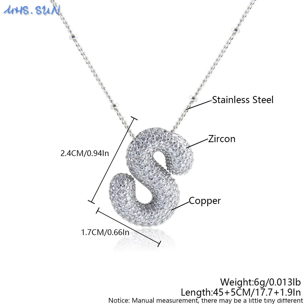 MHS.SUN Hochwertige Bubble Initialenkette Buchstabe A-Z Silberfarbene Zirkon 26 Initialen Ballon Anhänger für Damen Herren Schmuck