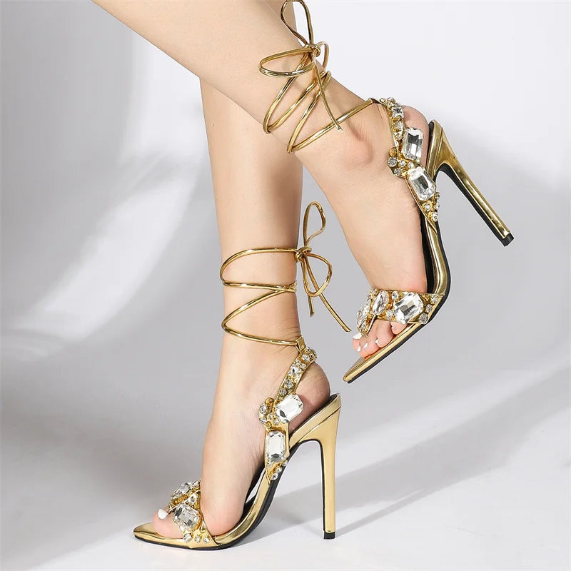 Liyke Sexy Knöchelriemen Vergoldete Sandalen Damen Party Nachtclub Stripper Heels Hohe Qualität Kristall Diamant Spitz Zehe Hochzeitsschuh