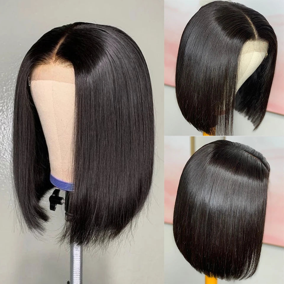 220% Dichte Bob-Perücken glatt, 100% Echthaar-Lace-Front-Perücken, 13x4 Bob brasilianisches Remy-Haar, vorgezupfte Lace-Front-Perücken, 16 Zoll