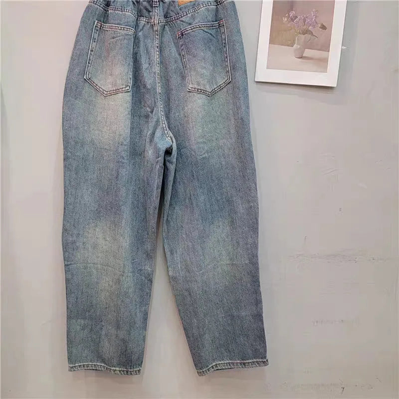 Fashion Rhinestone Washed Ripped Graphic Jeans Street Style Women's Denim Pants High Waisted Beaded Sequin Straight-Leg Jean
