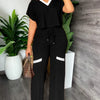 Elegant Women's Casual Short Sleeve T-shirt Sports Suit Summer Fashion Solid V Neck Short Top & Straight Pants Two Piece Sets