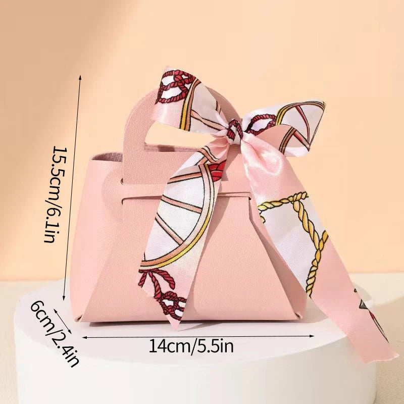 Mini Handbag With Ribbon Creative Foldable PU Leather Kids Gilrs Princess Handbag Coin Purses Wedding Decor Candy Bag Key Pouch