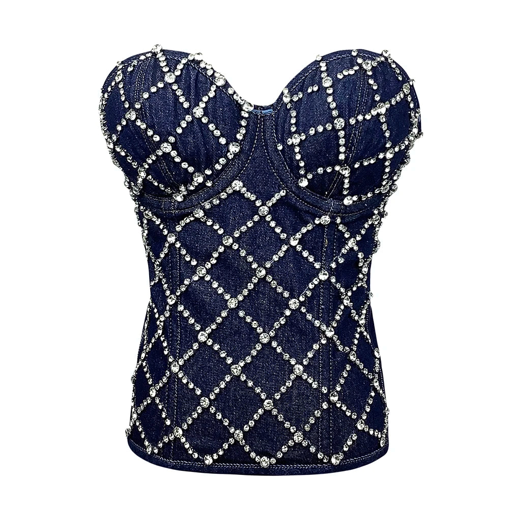 SXTHAENOO Damen Sexy Fashion Crop Top Diamant Blume Trägerloses Bustier Top BH Nachtclub Party Tank Top Weiblich Ropa De Mujer