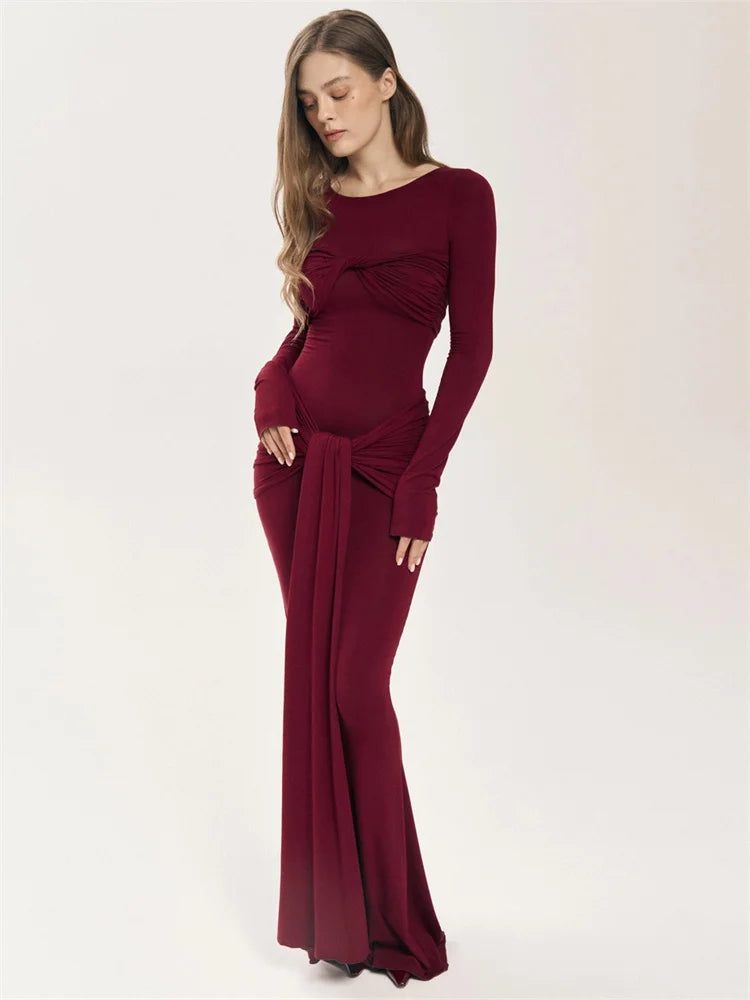 Tossy Damen Plissee Sexy Maxikleid Patchwork Twist Slim Langarm Einfarbig Y2k Herbst Streetwear Kleid Damen Bodycon Kleid