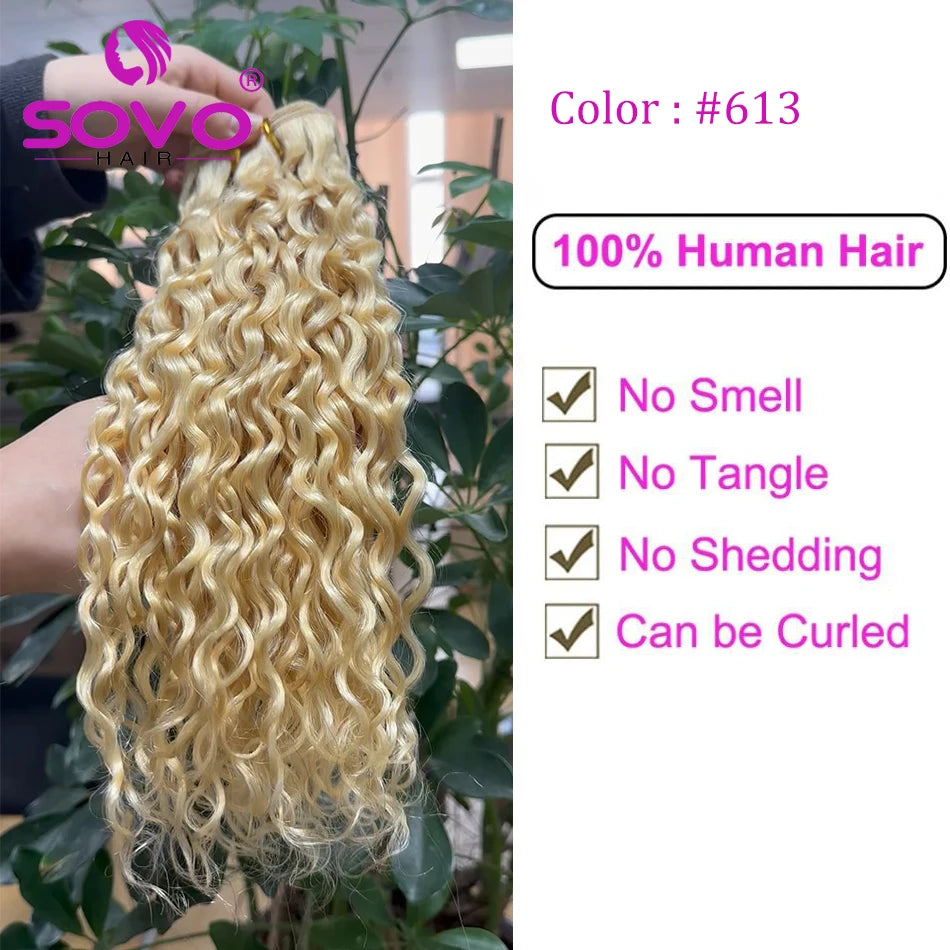 SOVO Honey Blonde Water Wave Human Hair Extensions 100 G Highlight P6/613 Natural Wet and Wavy Peruvian Curly Hair Weave Bundles