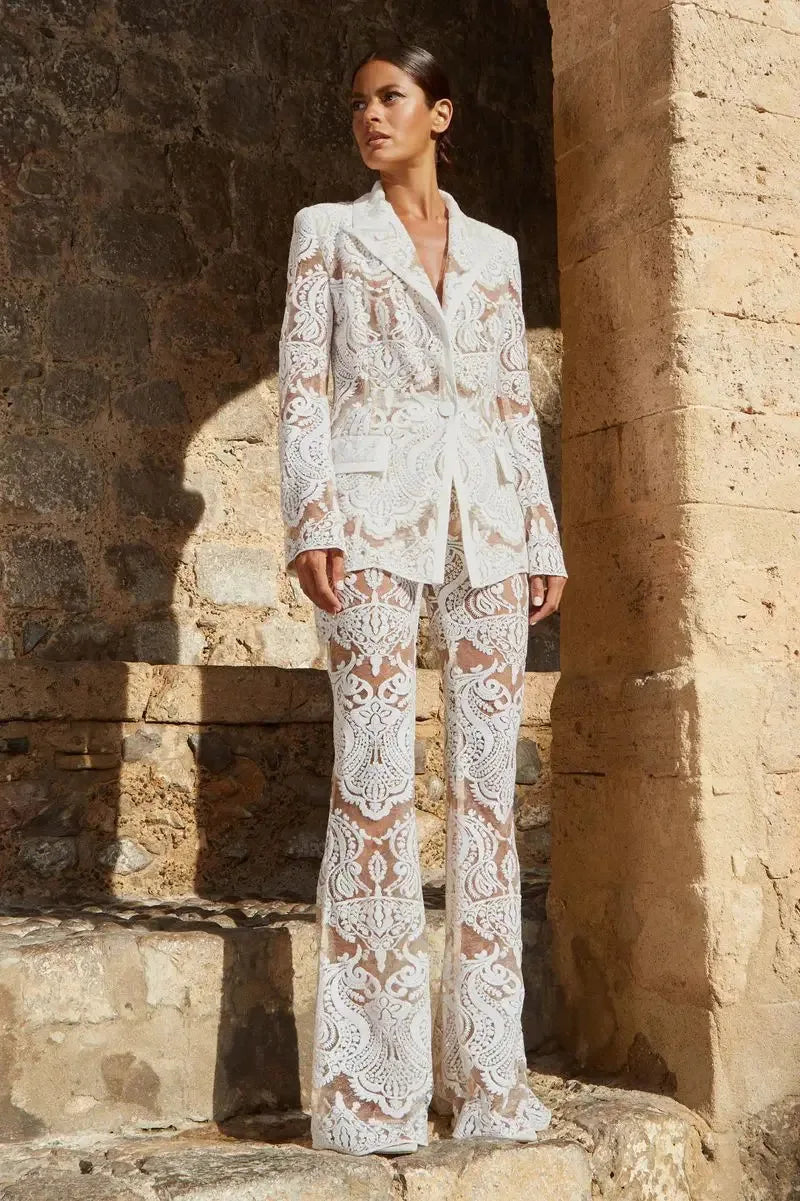 HIGH STREET Newest 2026 Designer Runway Suit Set Women's Single Button Guipure Lace Sequined Blazer Pants Suit