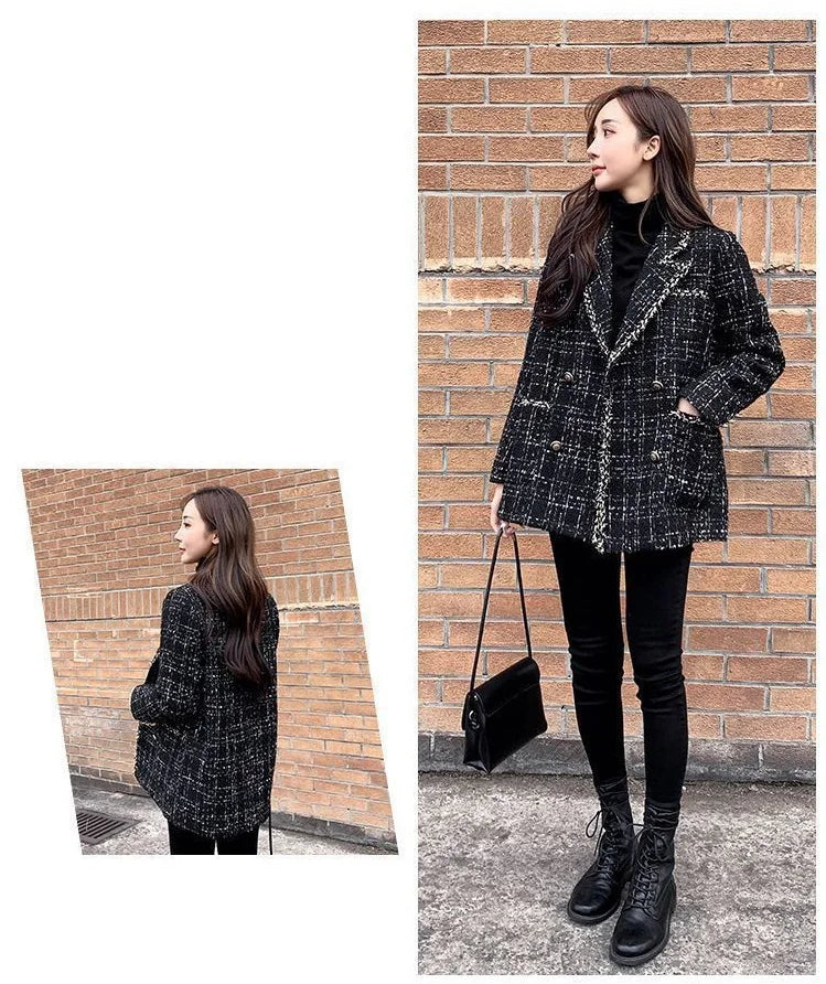 Tweed-Karo Anzugjacke Damen Oberbekleidung Lockerer Mittellanger Zweireihiger Freizeit-Wollblazer Top 2024 Frühling Herbst Neuer Schicker Anzug