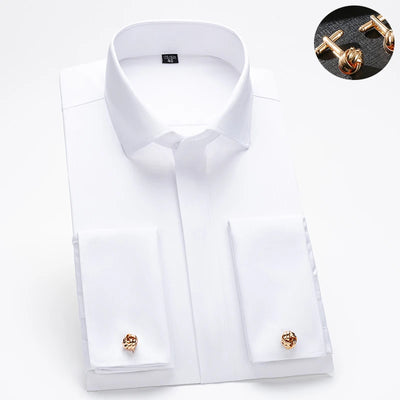 Herrenhemd mit französischen Manschetten, Langarm, Slim Fit, verdeckte Knöpfe, unifarben, High-End-Hochzeitskleid, formell, Herren