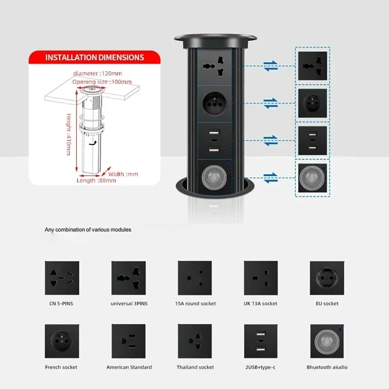 Motorized Lifting Pop Up Tower Power Outlet Hidden Mounted Kitchen Worktop USB Type C Socket with Speaker Wireless Charging