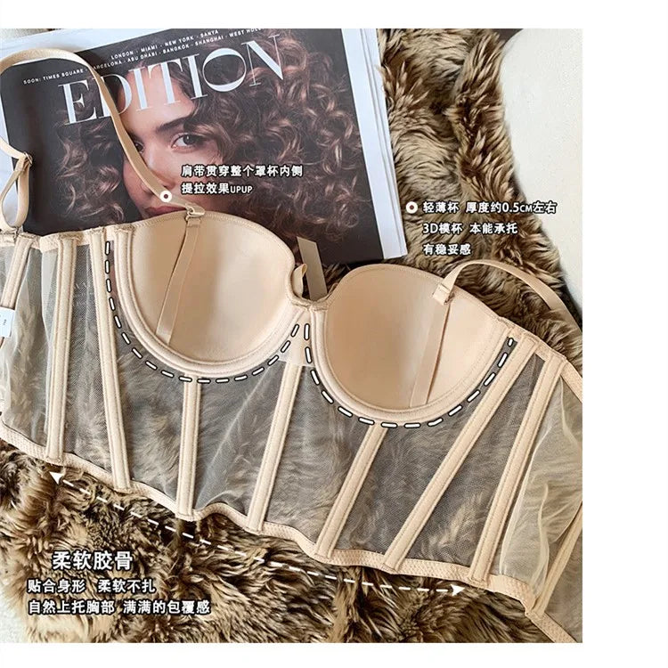 French Ladies Transparent Mesh Corset Sexy Shaper Thin Bra Set Night Club Sweet Cropped Top Girls Hot Bra and Panties Bralette