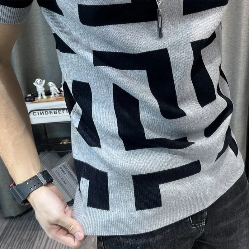 Luxury Men Autumn Knitted Tshirt 2024 Korean O-neck Short Sleeve Top Tees Streetwear Male Social Club Slim Fit Casual T-Shirt
