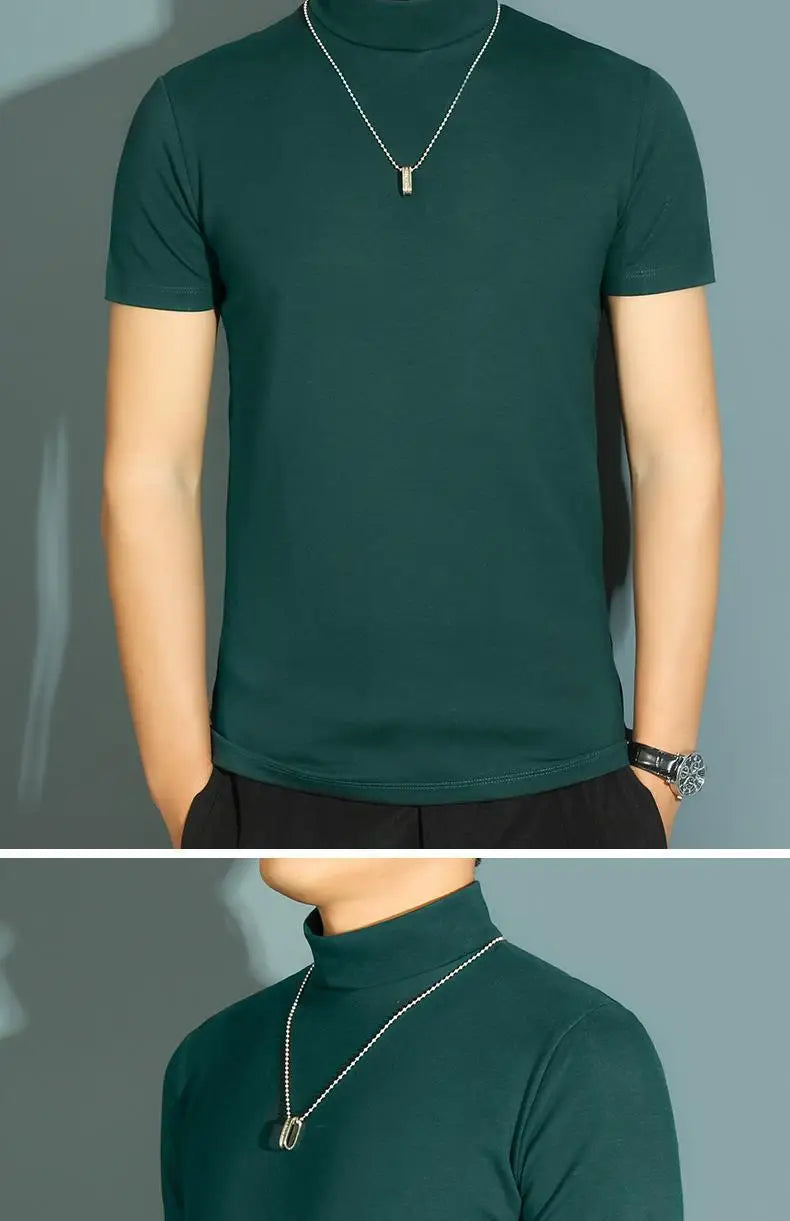 Men's Modal High Neck Short Sleeve T-Shirt Bottoming Shirt Silk Model Golf Wear Luxury Clothing Men's T-Shirt Bottoming Shirt
