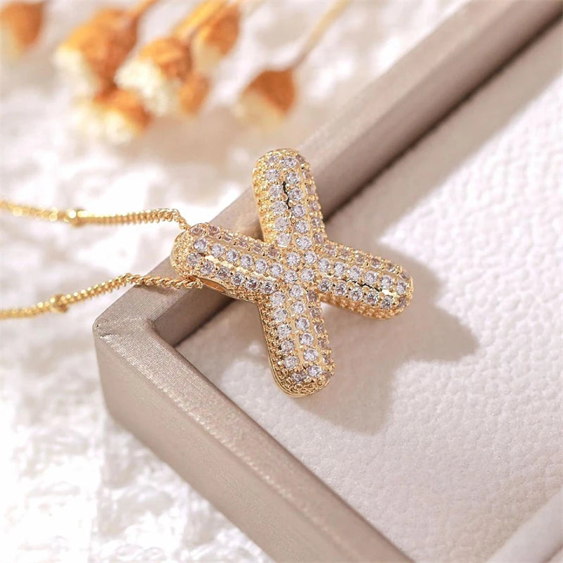 RAKOL Exquisite Copper Gold-plated Zircon Pendant American Minimalist Collarbone Chain 26 A-Z Balloon Letter Necklace For Women