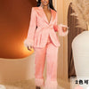 Wmstar Two Piece Set Women Turn Down Collar Feathers Patchwork Top and Pants Suit Matching Fall Clothes Wholesale Dropshpping
