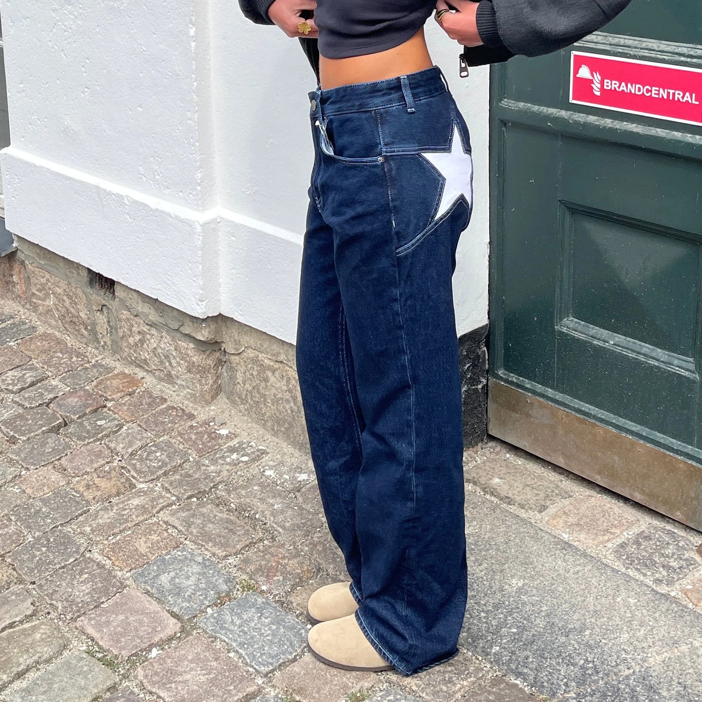 Combhasaki Damen Y2K Vintage Jeans Ästhetischer Sternmuster-Print Loose Straight Leg Denim Lange Hose Lässige Low Waist Hose