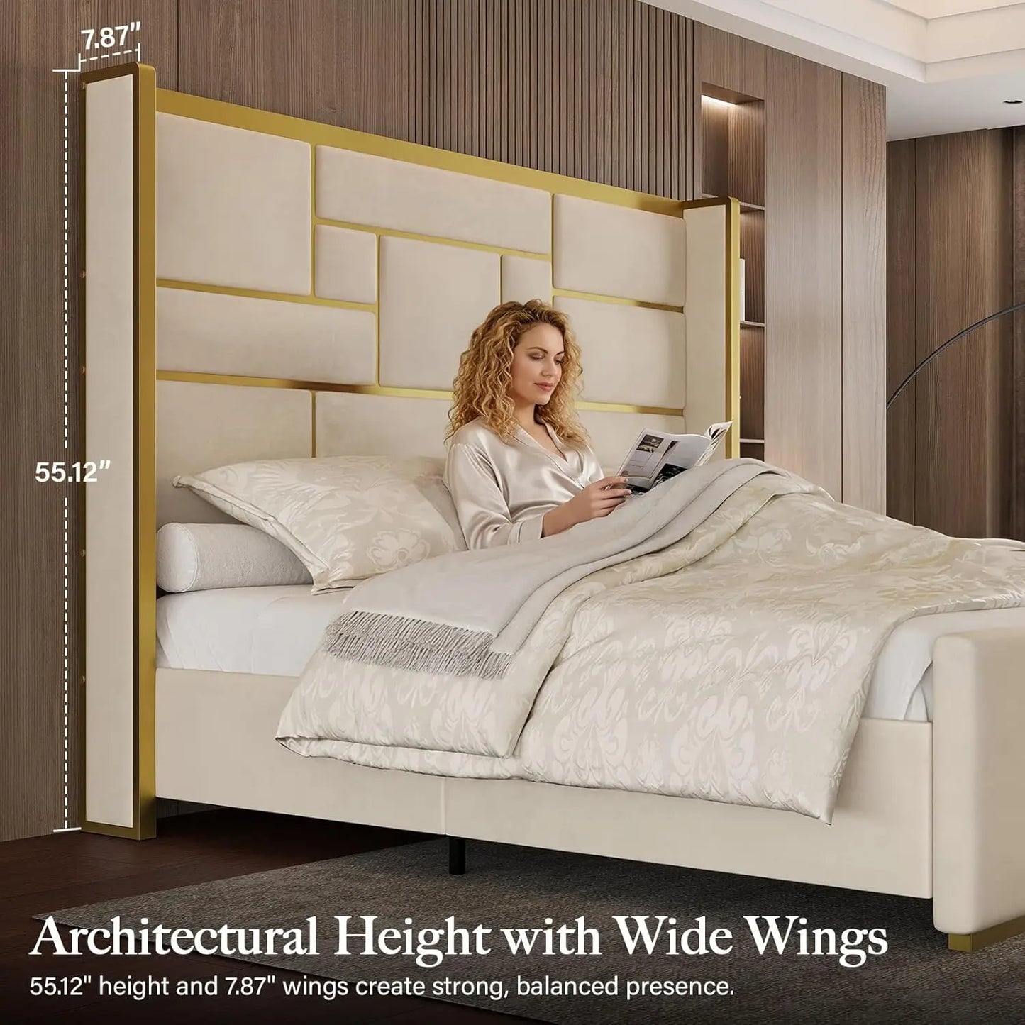 King Size Bed Frame with 55.12" Tall Headboard, Modern Luxury Velvet Upholstered Platform Bed with Gold Trim, Wide, Custom