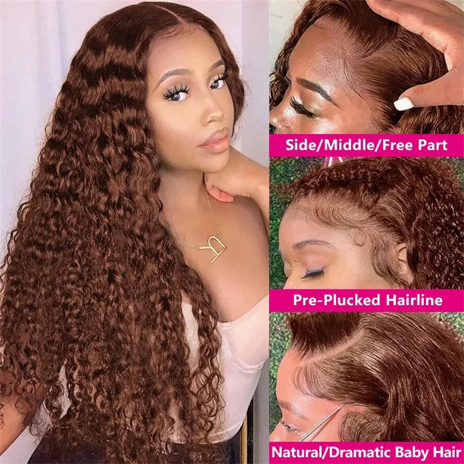 Chocolate Brown Curly Human Hair Wigs 13x4 13x6 Deep Wave Lace Frontal Wigs For Women Pre Plucked 100% Brazilian Human Hair Wig