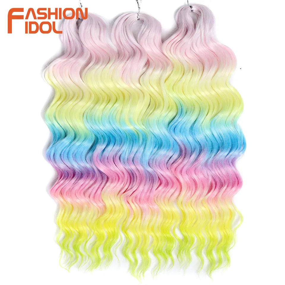 FASHION IDOL 24-Zoll Häkelhaar Synthetische Wasserwelle Flechthaarverlängerungen Ombré Regenbogenfarbe Kunsthaar Deep Wave Lockenhaar