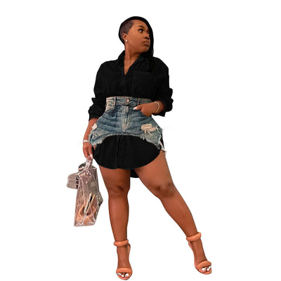 Denim 2 Piece Sets Women Shirt Skirt Suit Hole Single Breasted Turn Down Collar Pocket Splicing Outfits 2025 Skirts Ensemble