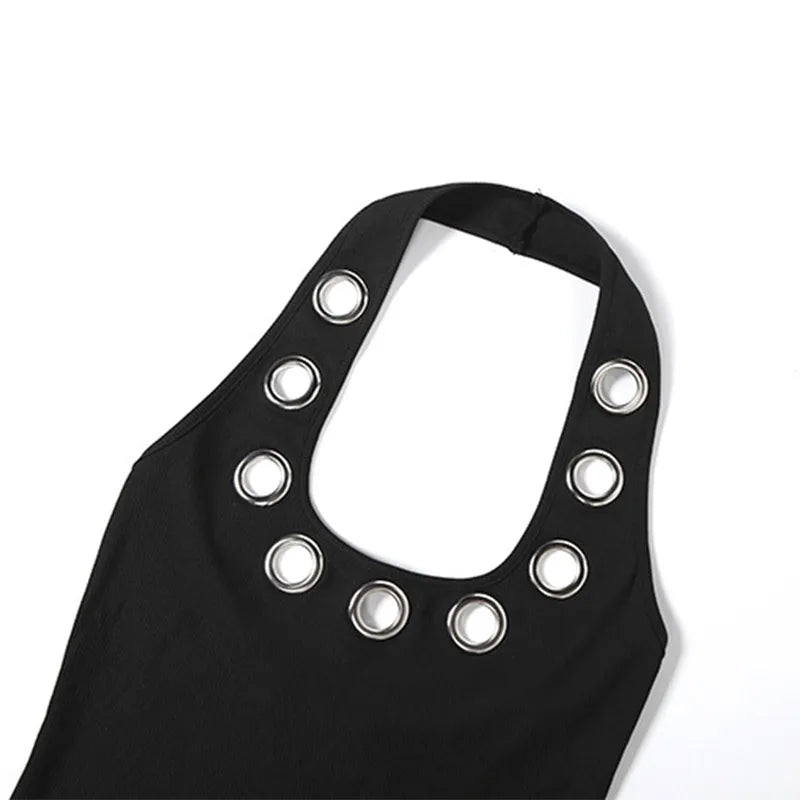 Sexy Halter Metal Ring Cutout Dress Women's O-neck Sleeveless Bodycon Mini Dresses 2026 Summer New Lady Fashion Edgy Party Wear