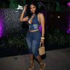 HLJ&GG Blue Fashion Denim Halter Two Piece Sets Women Sleeveless Backless Slim Crop Top And Skinny Jean Pants Outfits Streetwear