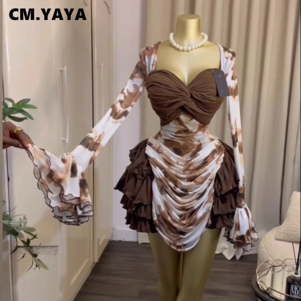 CM.YAYA Women Tie Dye Print Cascading Ruffles Bell Long Sleeve Bodycon Ruched Draped V-neck Dress Vacation Beach Holiday Dresses